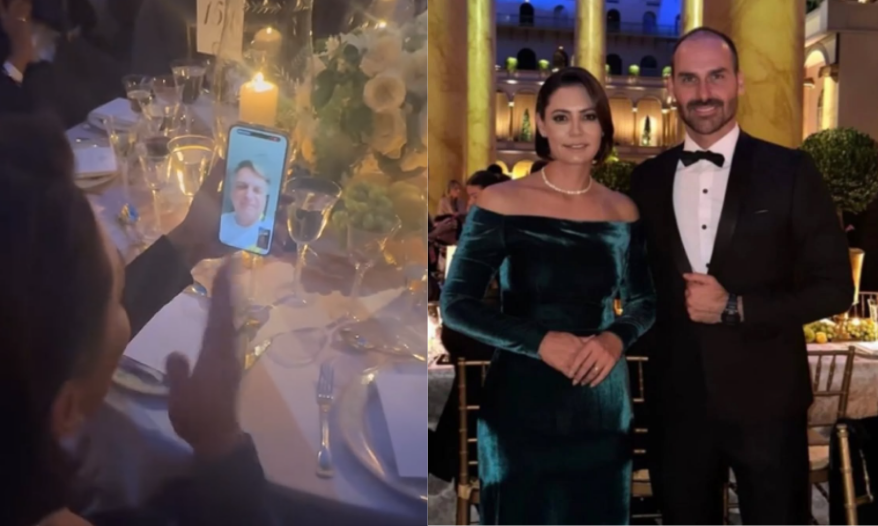 VÍDEO: Michelle Bolsonaro Realiza Videochamada com Bolsonaro em Jantar de Gala em Washington
